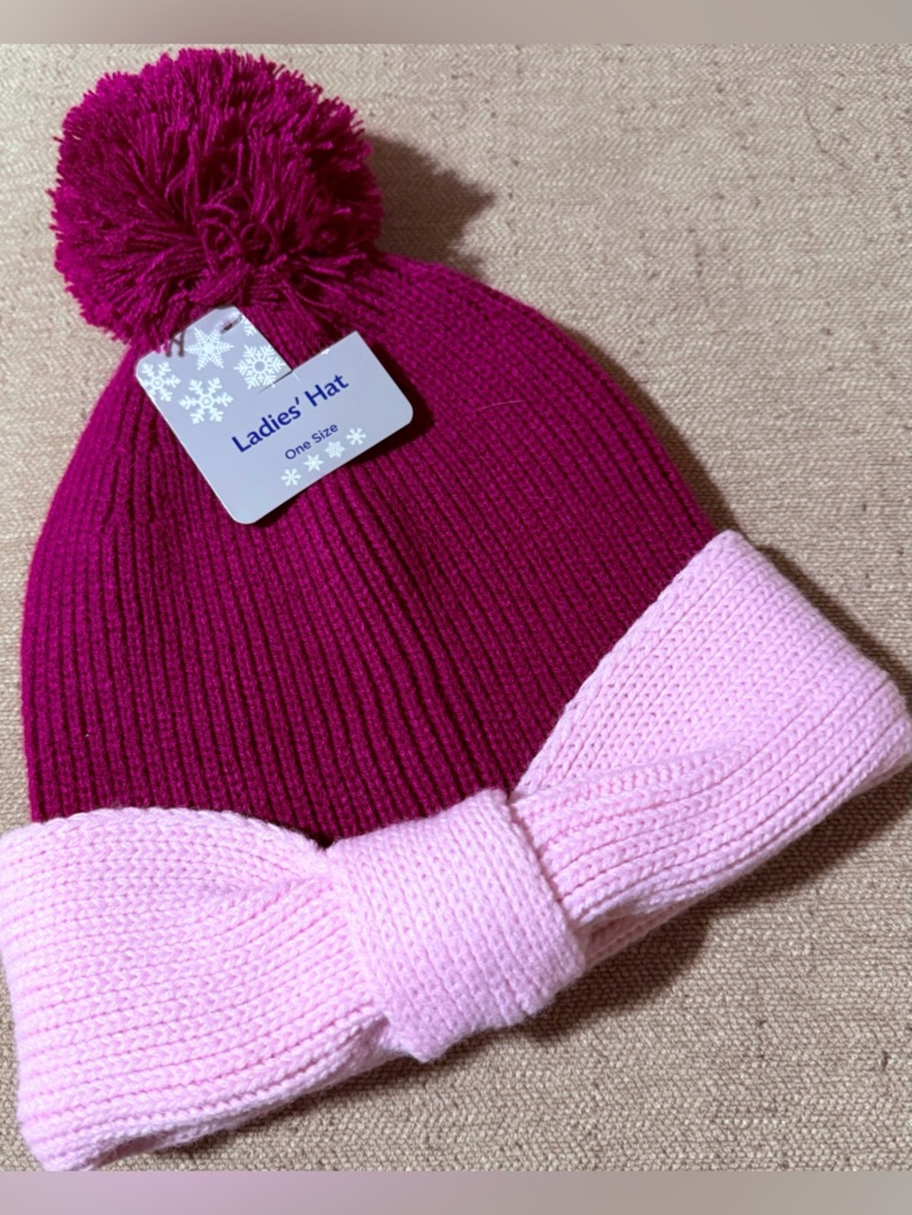 Women's Two-Tone Pink Knit Pom Beanie with Bow Cuff